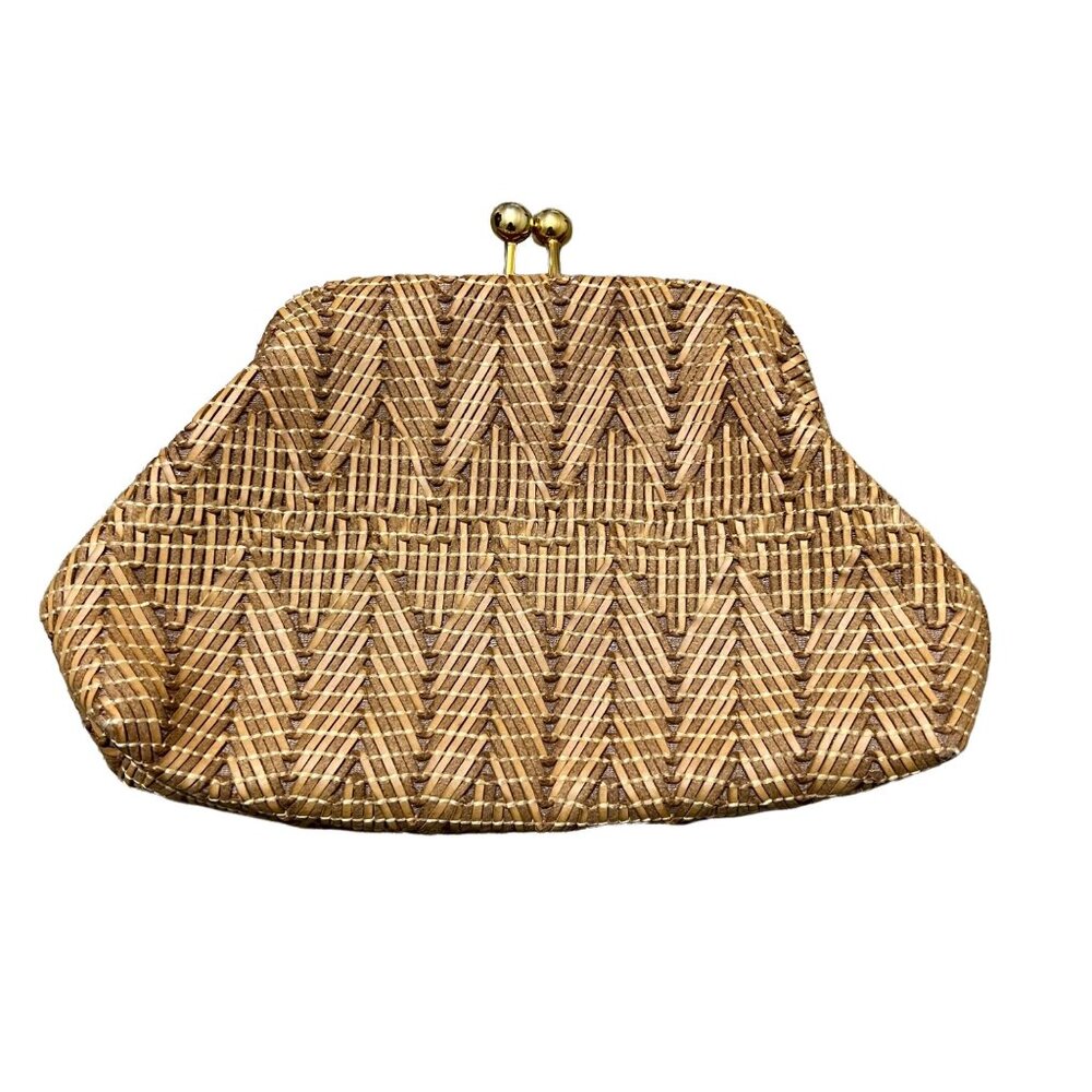 Stuart Weitzman Tan Leather Strips Chevron Clutch… - image 1